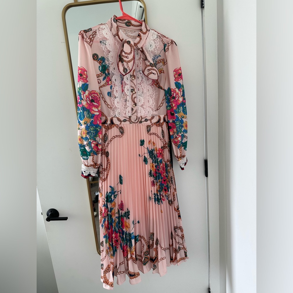 TERESE Bow Floral Pleated Midi Dress in Pink